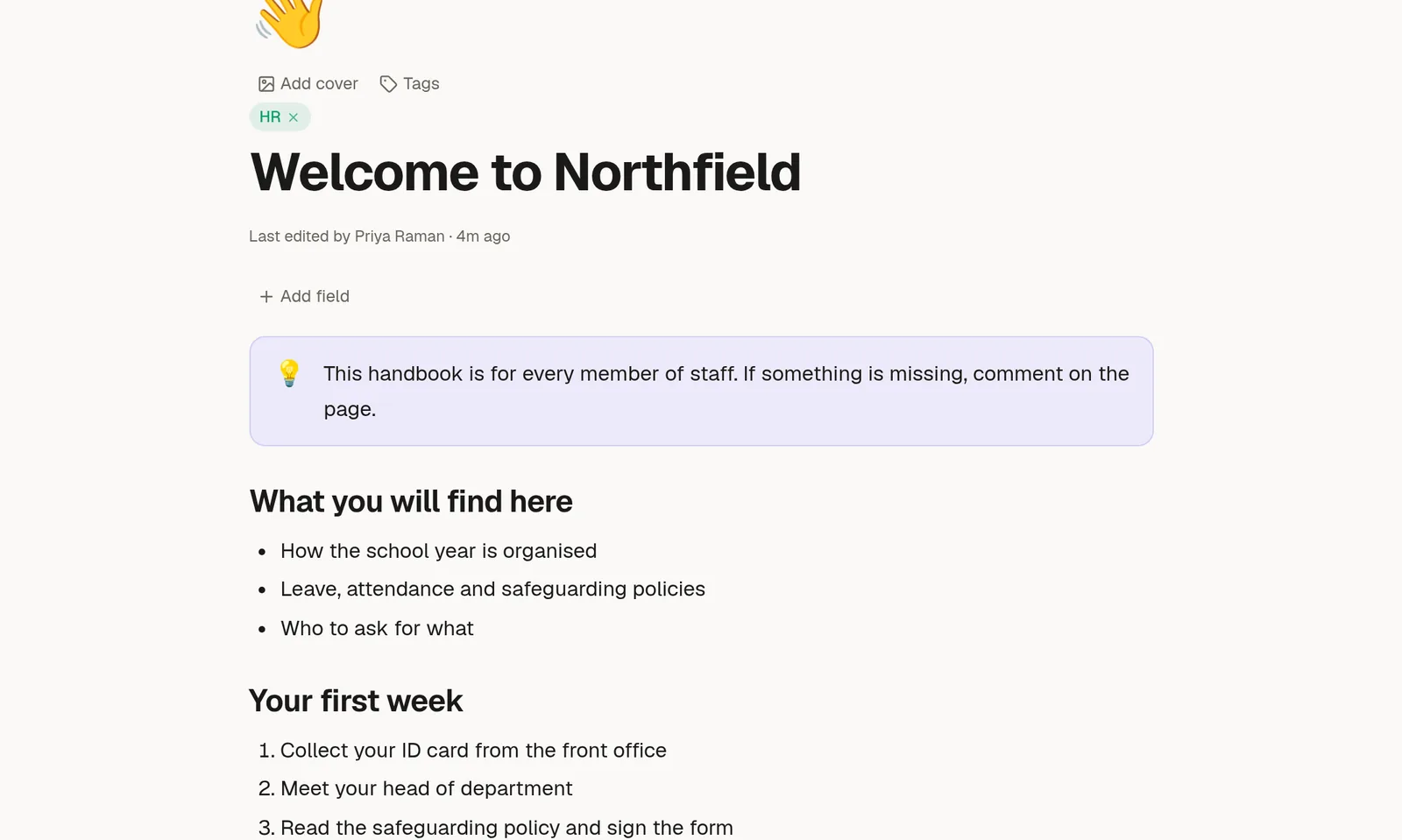 A page with headings, a to-do list, a table and a coloured callout